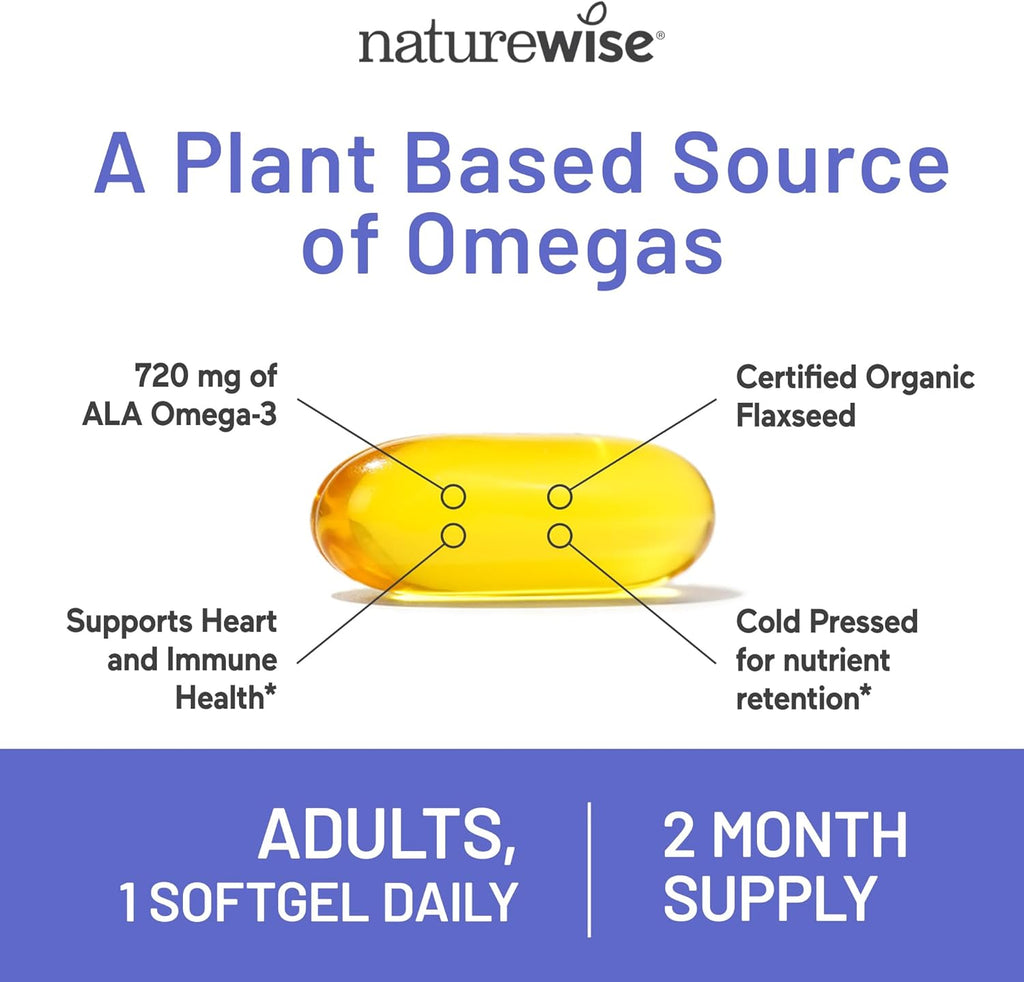NatureWise Flaxseed Oil 1200 mg, Fish Free Omega 3 6 9 with 720mg ALA, Dietary Supplement for Heart Health Support - Organic, Cold Pressed, Non-GMO - 60 Softgels[2-Month Supply]
