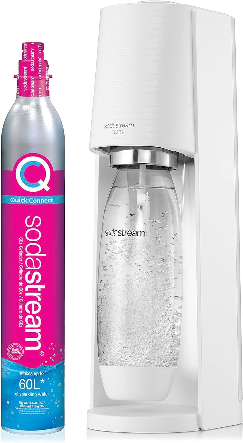 SodaStream - Terra Sparkling Water Maker | VALUE BUNDLE | CQC CO2 system | Includes 2x CO2 Cylinders, 3x 32 Fl Oz Dishwasher Safe Bottles, 2x Bubly Flavor Drops | Combine with Pepsi Flavors | White