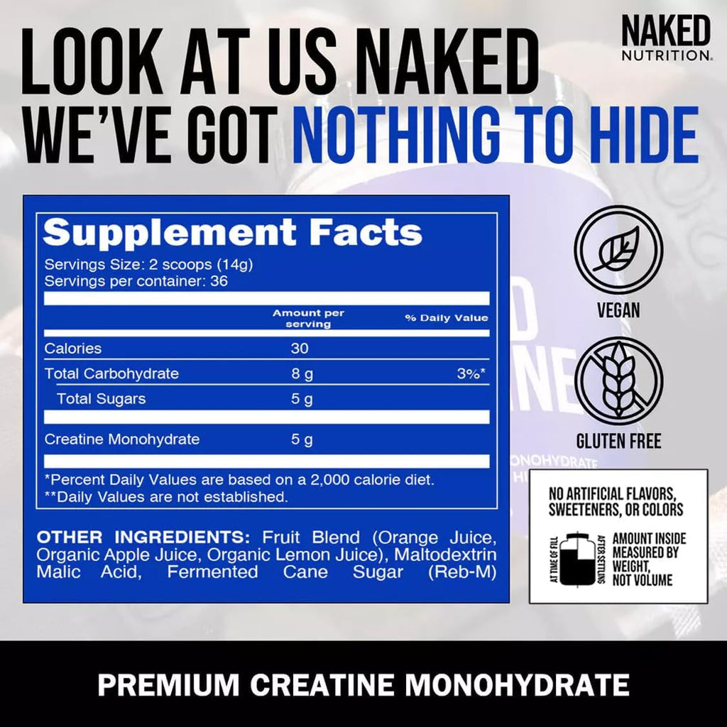 NAKED Pure Micronized Orange Creatine Monohydrate - 36 Servings - 500 Grams, 1.1Lb Bulk, Vegan, Non-GMO, Gluten Free, Soy Free. Aid Strength Gains, No Additives