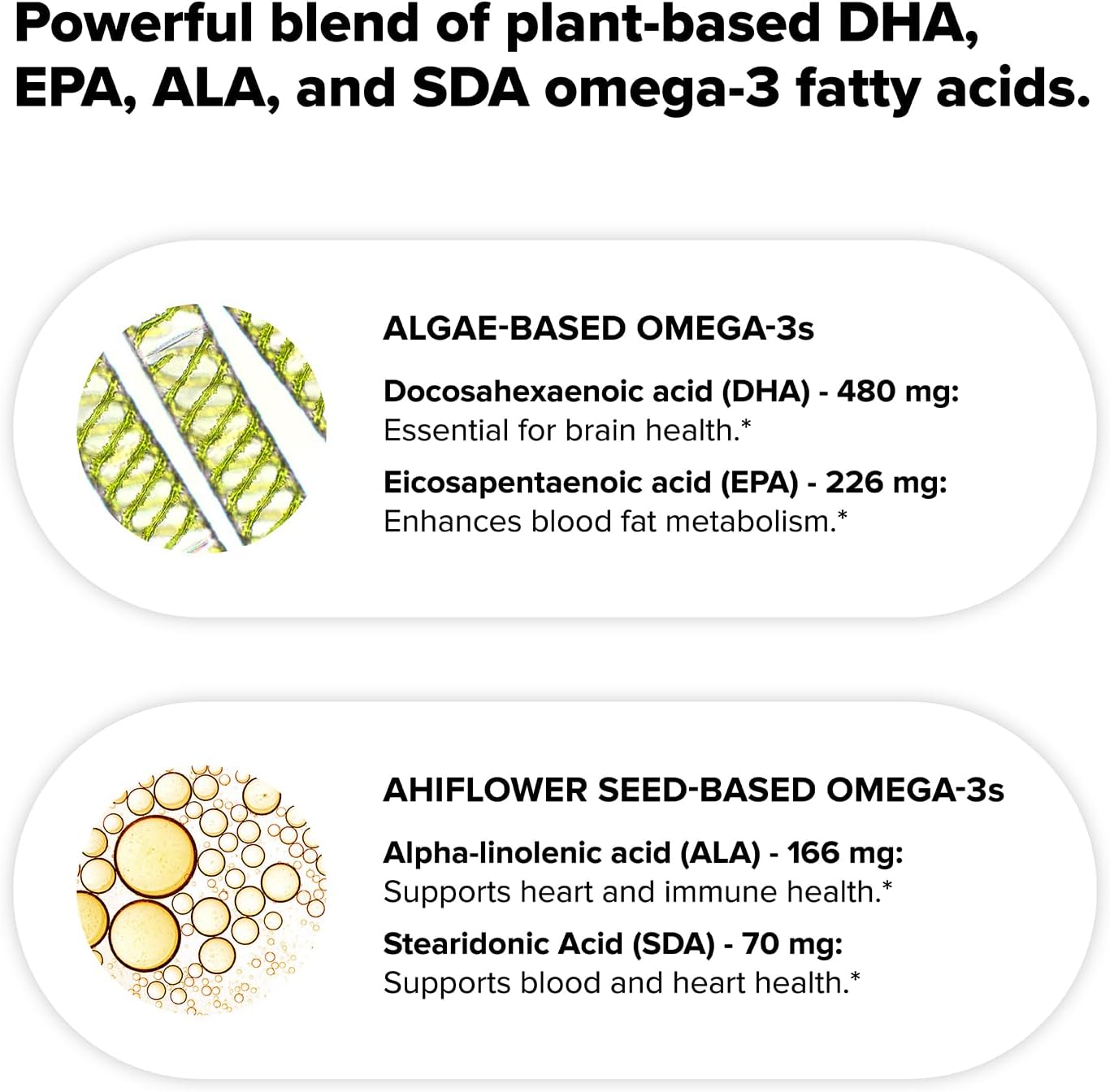 Vegan Omega 3 Supplement- 960mg Omega-3 Fatty Acids, DHA, EPA, SDA, ALA Supplement - Immune Support- 30 Servings, 60 Liquid Capsules