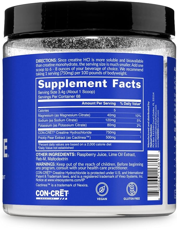 NAKED Lean Creatine HCI Powder - Raspberry Lime, Vegan, Non-GMO, Gluten-Free, No Fillers, Supports Muscle Growth & Strength - 68 Servings