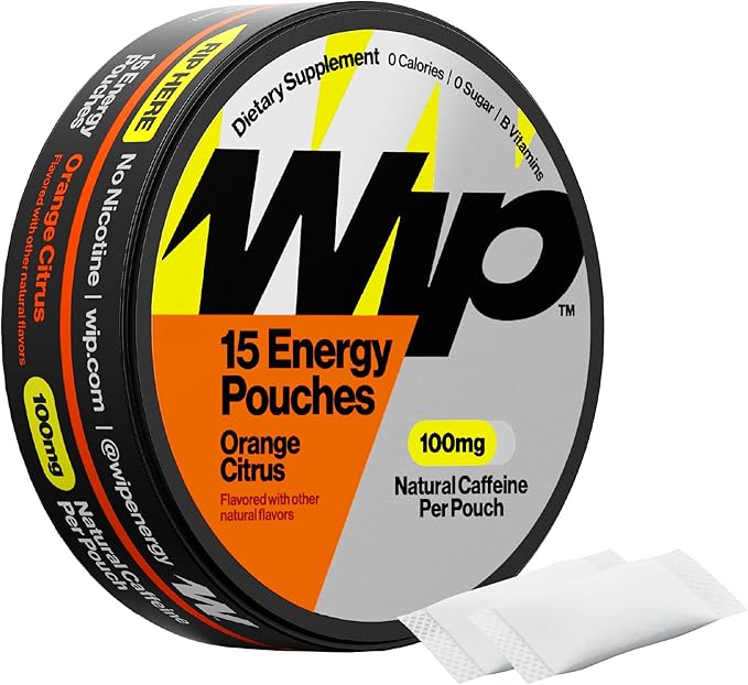 Wip Energy Pouches | 100mg Natural Caffeine | Vitamins and Minerals | Orange Citrus | 15 Pouches Per Can | 1 Can