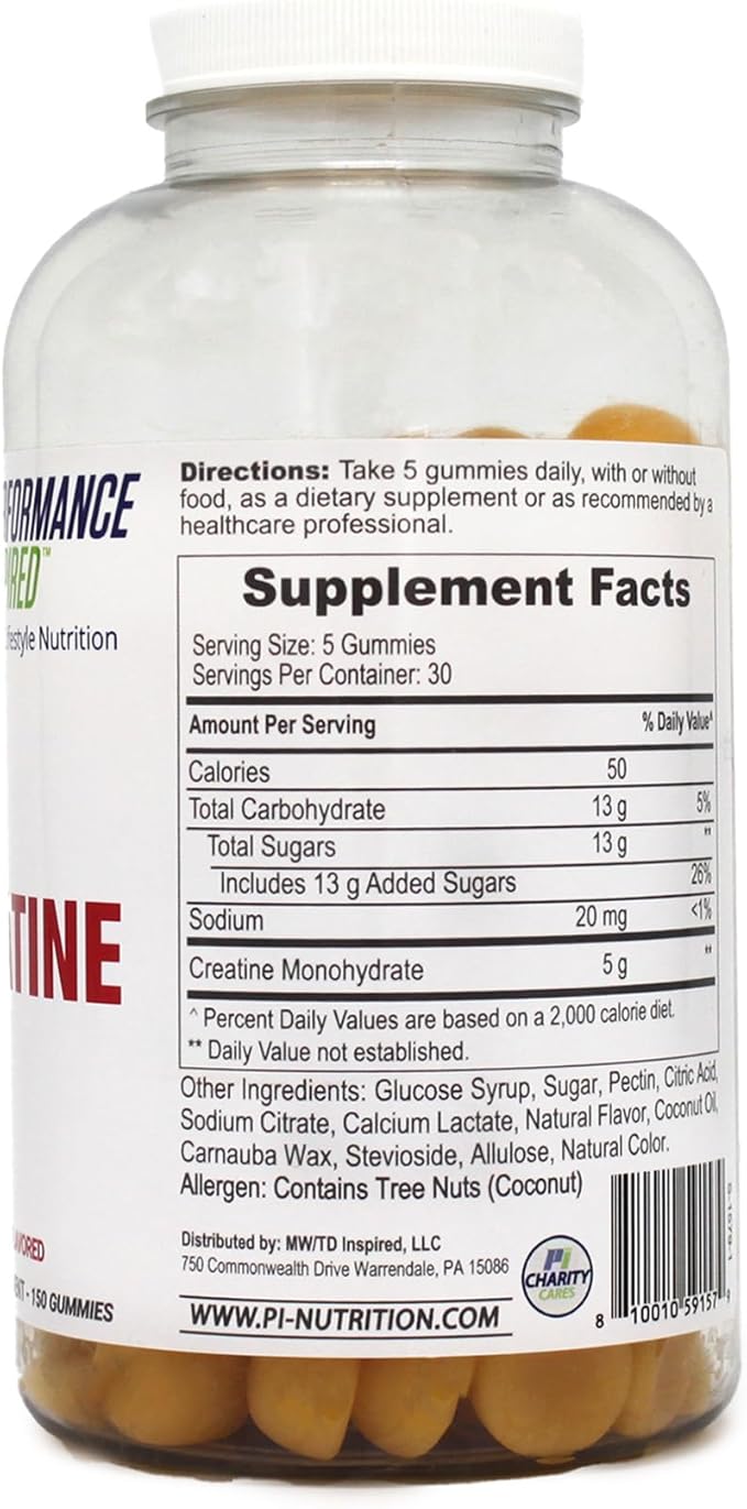 PERFORMANCE INSPIRED Creatine Gummies – 5g Creatine Monohydrate – Muscle Recovery & Strength Support – Lemon Flavor – 150 Count