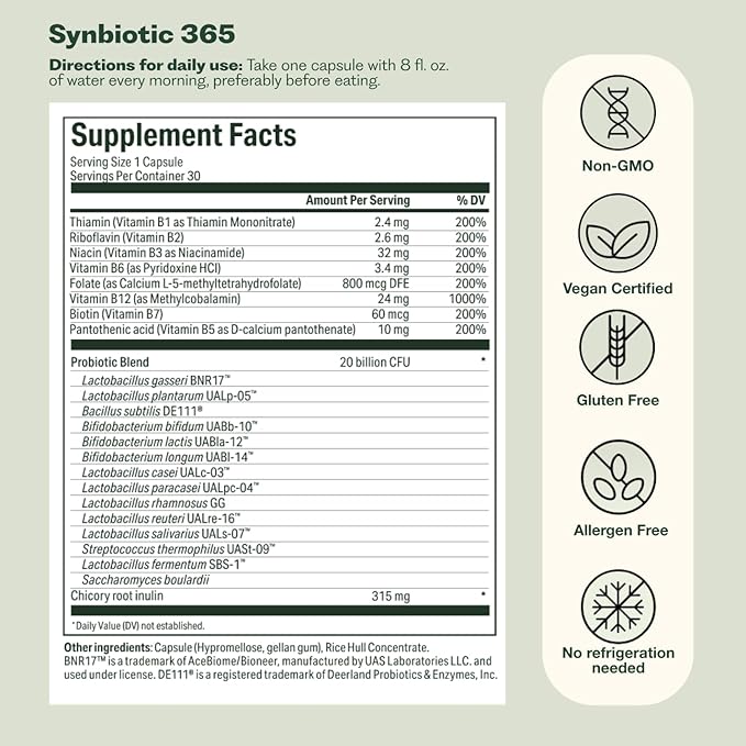 Synbiotic 365 Triple Action Prebiotics and Probiotics for Women & Men | Supplement with B Vitamins, Biotin & Niacin | Gluten Free, Non-GMO & Vegan | 20 Billion CFU | 30 Servings