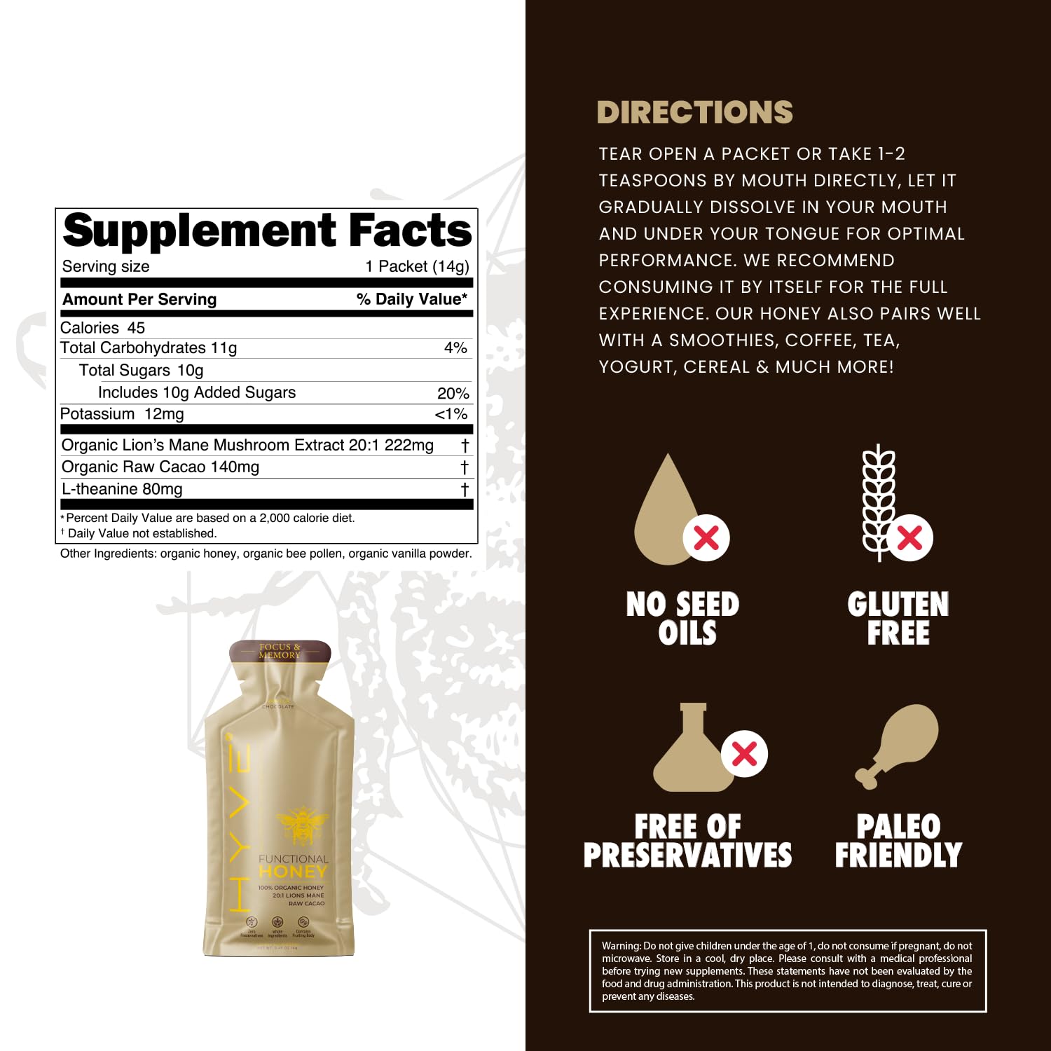 HYVE Mind Functional Organic Honey – Focus & Memory Honey with Lion's Mane Mushrooms, Raw Cacao, Bee Pollen & L-Theanine – Cognitive Support, 15 Packets