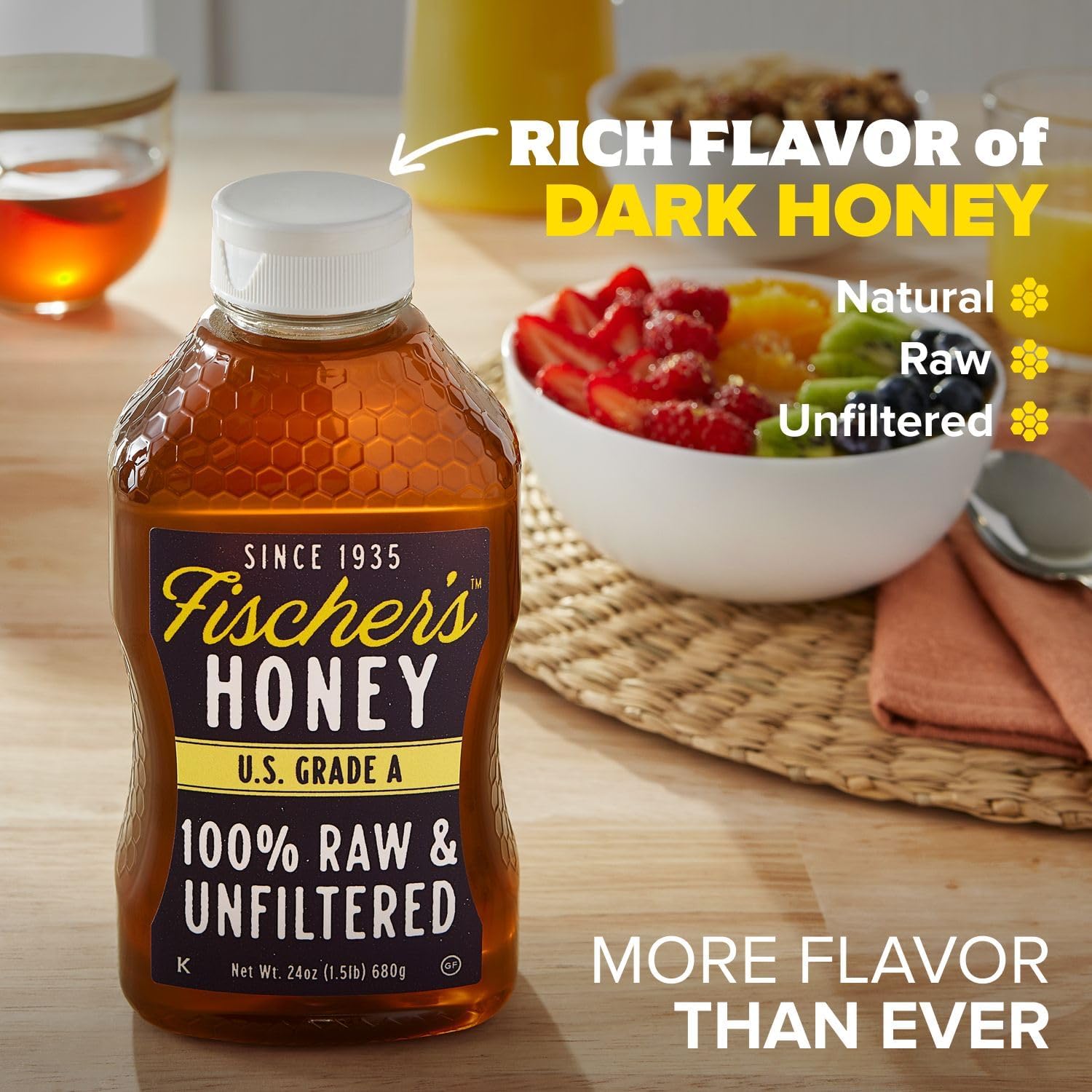 Fischer's 100% Pure, Raw & Unfiltered Honey – USA Made Honey, 24 oz – All-Natural Sweetener – Rich Flavor Profile, Packed with Nutrients
