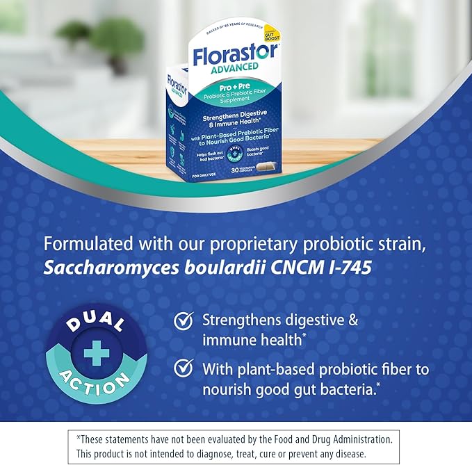 Florastor Select Pro+Pre Daily Probiotic and Prebiotic Supplement for Women and Men, Boosts Good Bacteria, Saccharomyces Boulardii CNCM I-745 (30 Capsules) (Pack of 1)