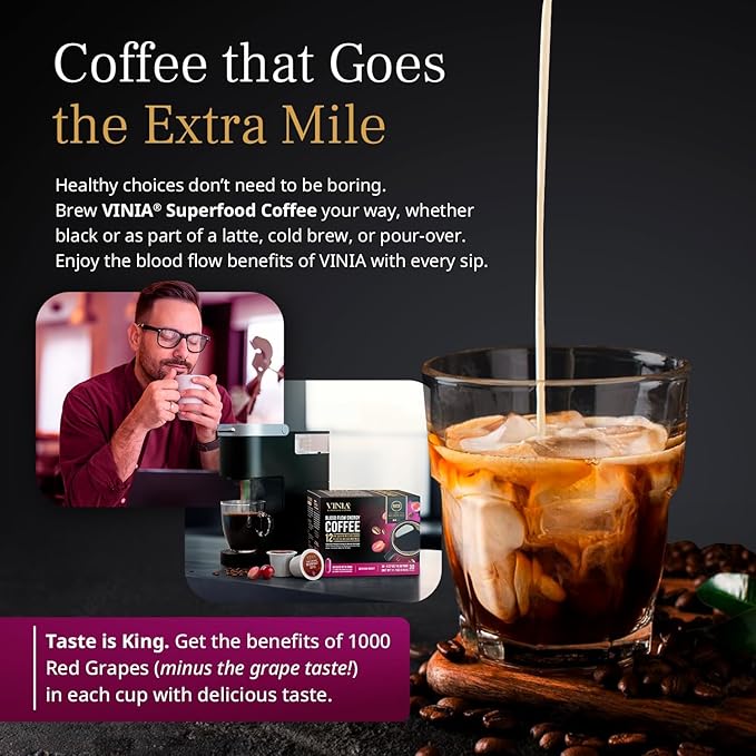 VINIA Medium Dark Roast with Red Grape Piceid Resveratrol, Nitric Oxide for Heart Health, Alertness, Physical Energy & Blood Flow Circulation. 30ct K-Cup Pods