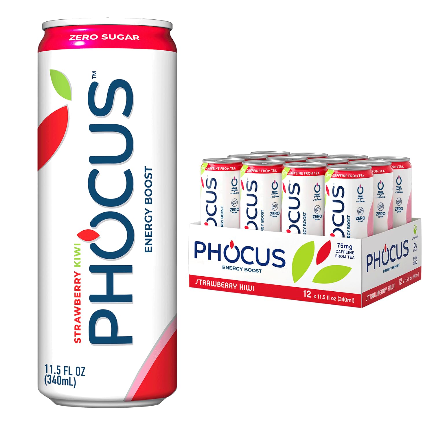 PHOCUS Caffeinated Sparkling Water, Strawberry Kiwi, 75mg Natural Caffeine Plus L-Theanine, Zero Sugar, Zero Calories, No Artificial Sweeteners, 11.5 fl oz Cans (Pack of 12)