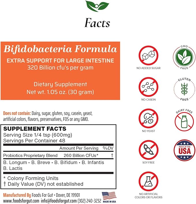 Foods For Gut Bifido Formula 320 Billion cfu's | Made in USA | Direct from Manufacturer | No Third-Party Storage | Digestive & Immune Support | May Help Leaky Gut Repair | 30 Grams (1.05 OZ)