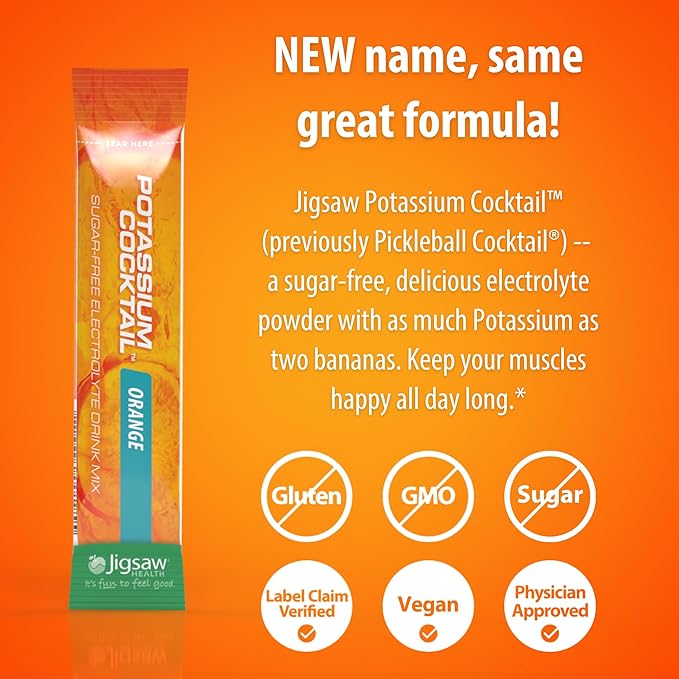 Jigsaw Health Potassium Cocktail | Formerly Pickleball Cocktail | Orange Flavor | 60 Servings (Packets)