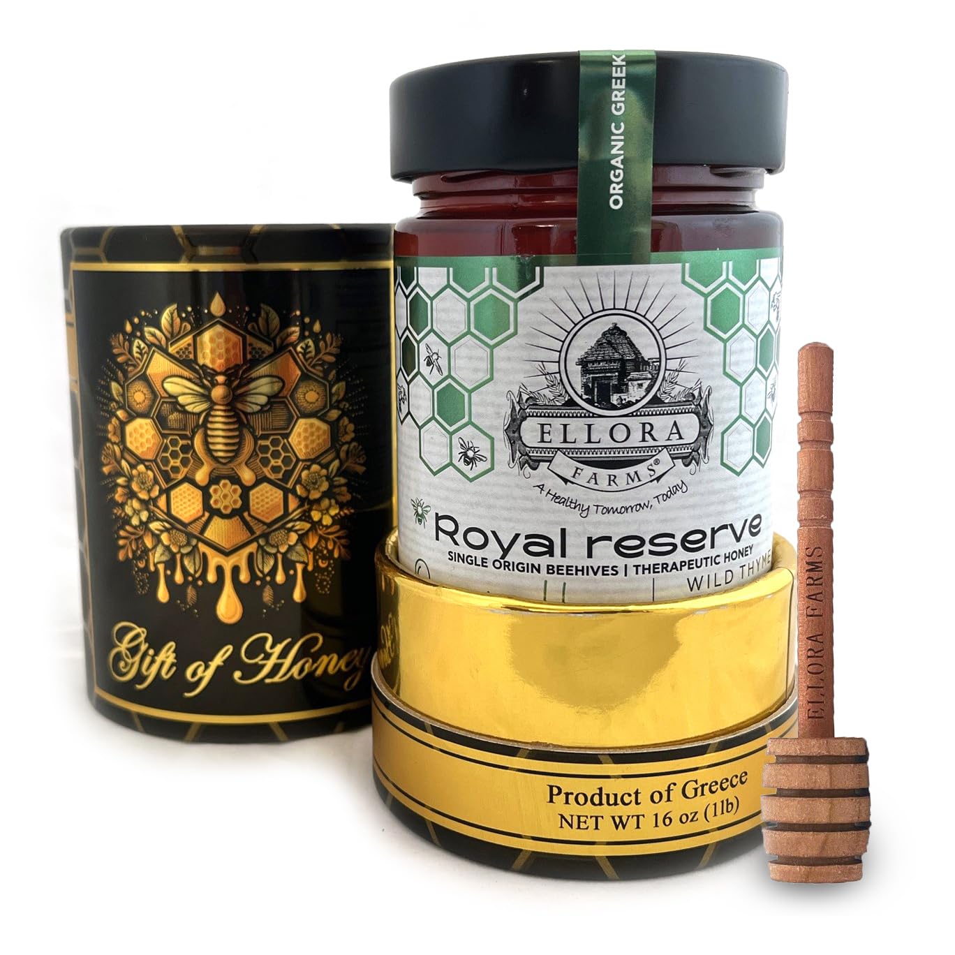 Ellora Farms Organic Honey, Wild Thyme Organic Honey Raw Unfiltered, Preservative and Additive Free, 2025 Paris and Dubai Gold Awards Winner, Gift Pack with Dipper - 450 g
