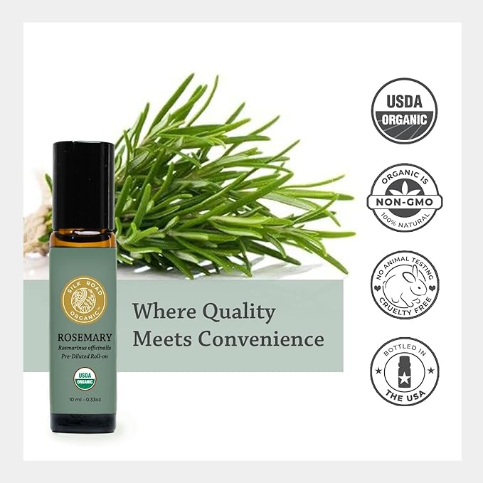 Silk Road Organic Rosemary Essential Oil & Jojoba Roll On, USDA Certified, Support Hair Growth & Health - 10 ml Aromatherapy Roller