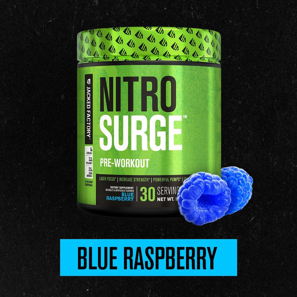 Jacked Factory NITROSURGE Pre Workout Supplement - Energy Booster, Instant Strength Gains, Clear Focus & Intense Pumps - NO Booster & Powerful Preworkout Energy Powder - 30 Servings, Blue Raspberry