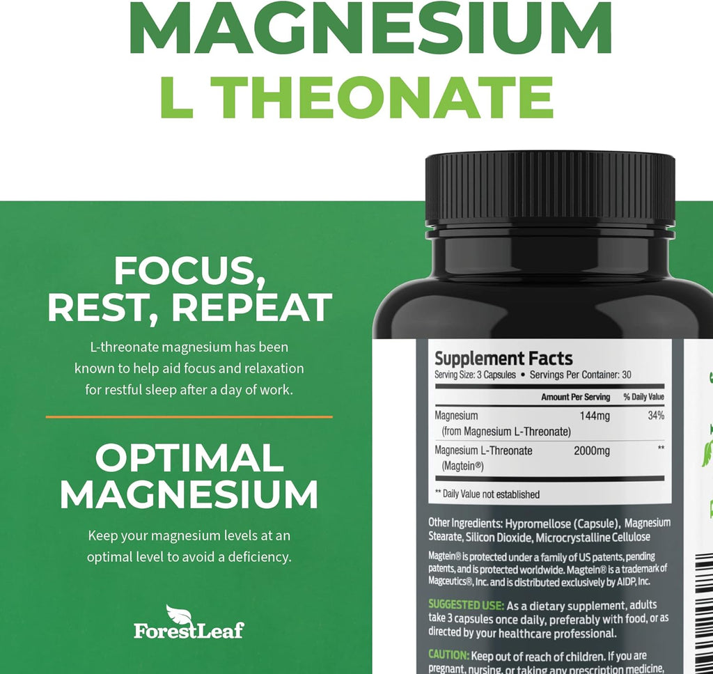 Forest Leaf Magnesium L-Threonate Magtein Capsules - 2000mg Magnesium Threonate Supplement Supports Cognitive Function, Focus, Brain, Deep Calm and Sleep for Men & Women | 90 Powder Veg Caps