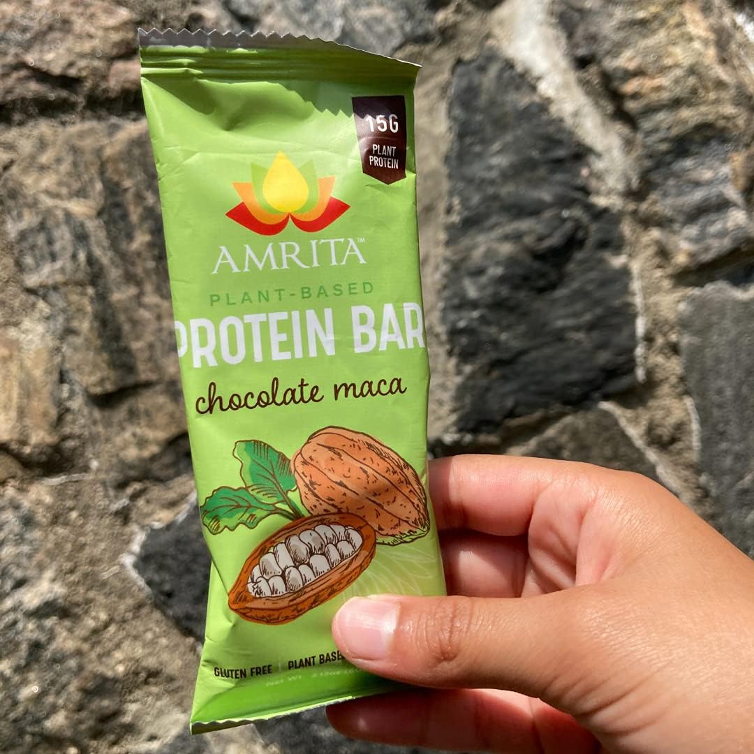 Amrita Nut Free Chocolate Maca Vegan Protein Bars (12 Count PK of 3) | 12g Plant-Based Protein Bar | Peanut Free, Gluten Free, and Dairy Free | Low Sugar, High Fiber, Healthy School-Safe Snacks