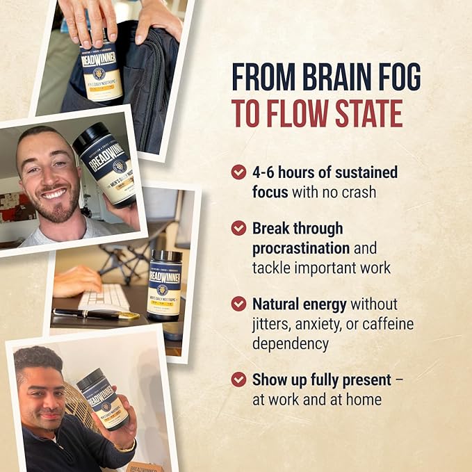 BREADWINNER Supplement - Dopamine & Acetylcholine Support - Citicoline, L Tyrosine, ALCAR, Lions Mane, L Theanine for Focus & Motivation - Cortisol Reducer with Rhodiola Rosea & Phosphatidylserine