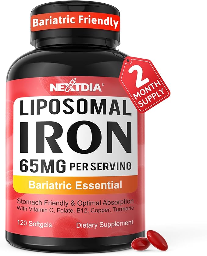 Liposomal Iron Supplement for Women, 65 mg with Vitamin C, Methylfolate, Bariatric Multivitamin with Iron for Gastric Bypass & Sleeve Recover, Post-Bariatric, Iron Level & Energy Support, 120 Softgels