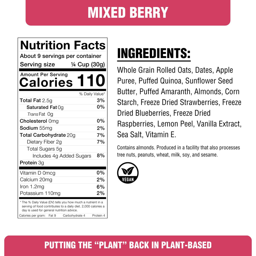 PLANTSTRONG Crispy Mixed Berry Crumble Granola Snack Mix - Whole Grain, Naturally Sweetened With Fruit, Plant Based, Oil Free - Pack of 4 x 9oz Bags