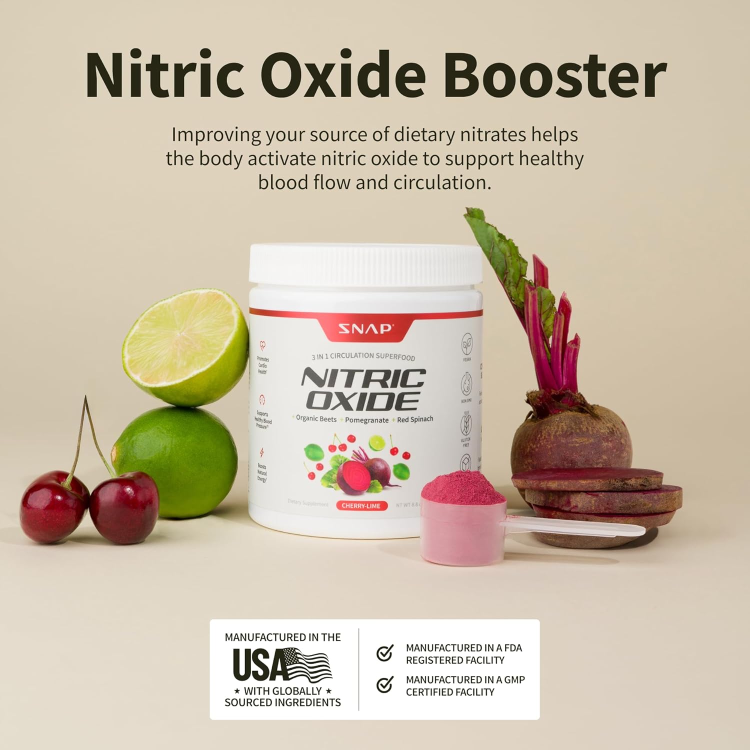 Snap Supplements Organic Beet Root Powder, Nitric Oxide Superfood Supplement with Beets, B Vitamins, Pomegranate & Red Spinach for Energy, Heart Health & Circulation Support, 30 Servings, Cherry Lime