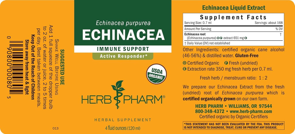 Herb Pharm Certified Organic Echinacea Root Liquid Extract for Immune System Support, Organic Cane Alcohol, 4 Ounce (Pack of 2)
