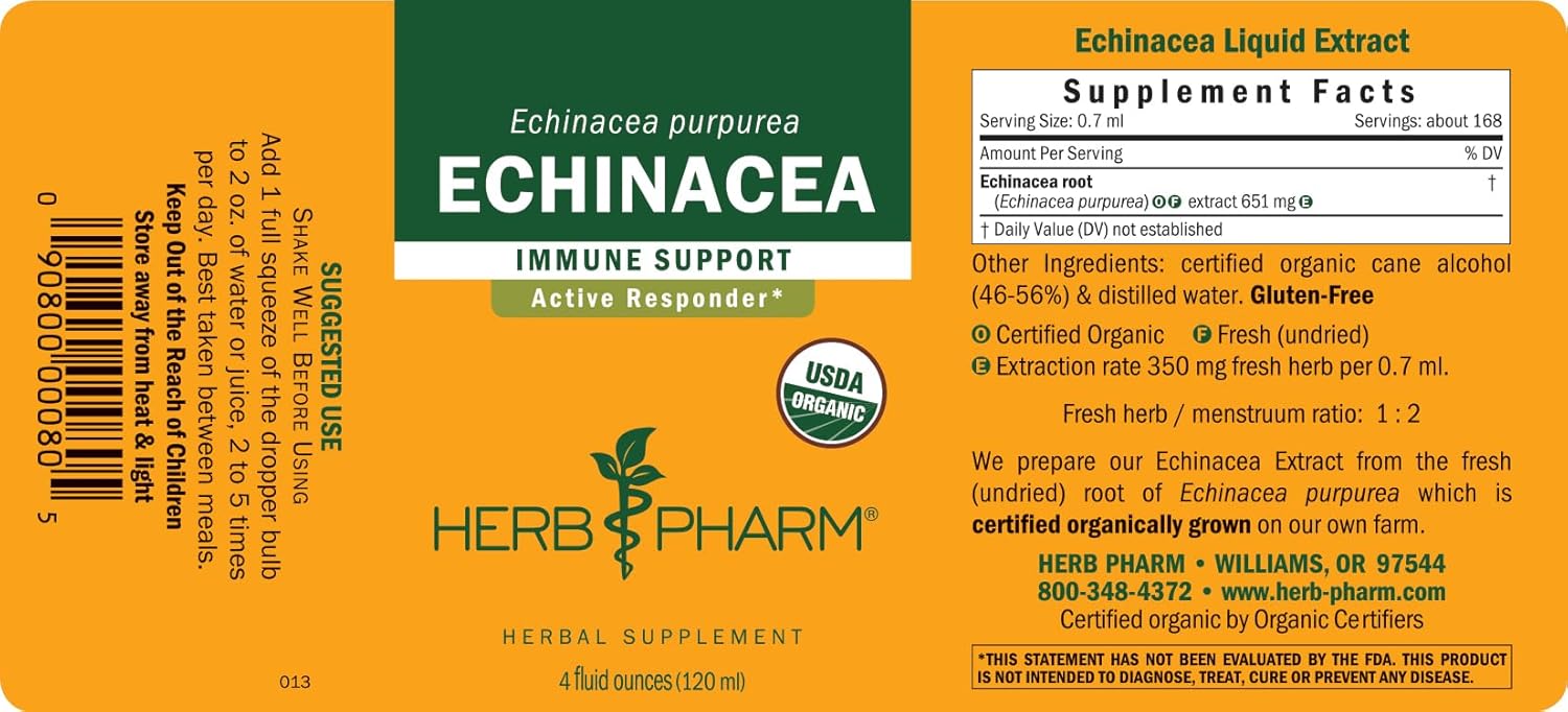 Herb Pharm Certified Organic Echinacea Root Liquid Extract for Immune System Support, Organic Cane Alcohol, 4 Ounce (Pack of 2)