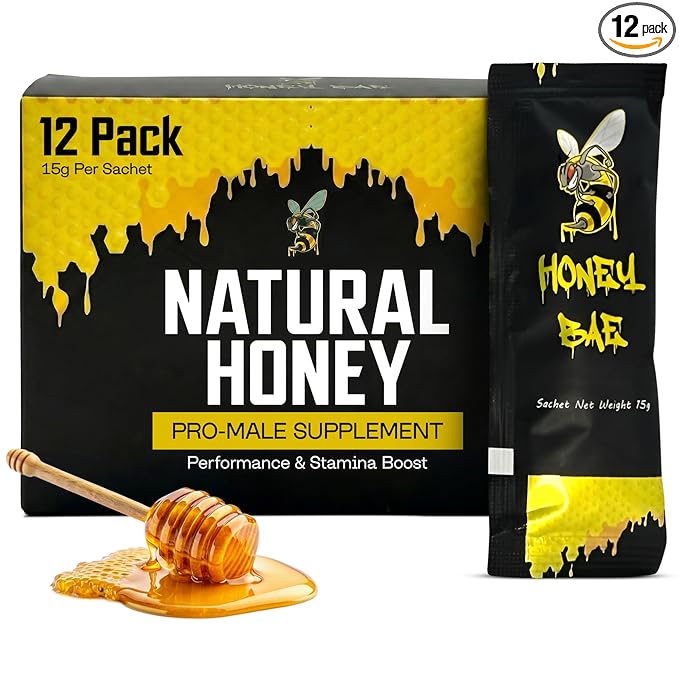 Honey Bae Natural Honey Satchets 12 Pack - Supplement for Vitality, Performance & Stamina - 15 Gram Satchet - Herbal Energy Boost for Men