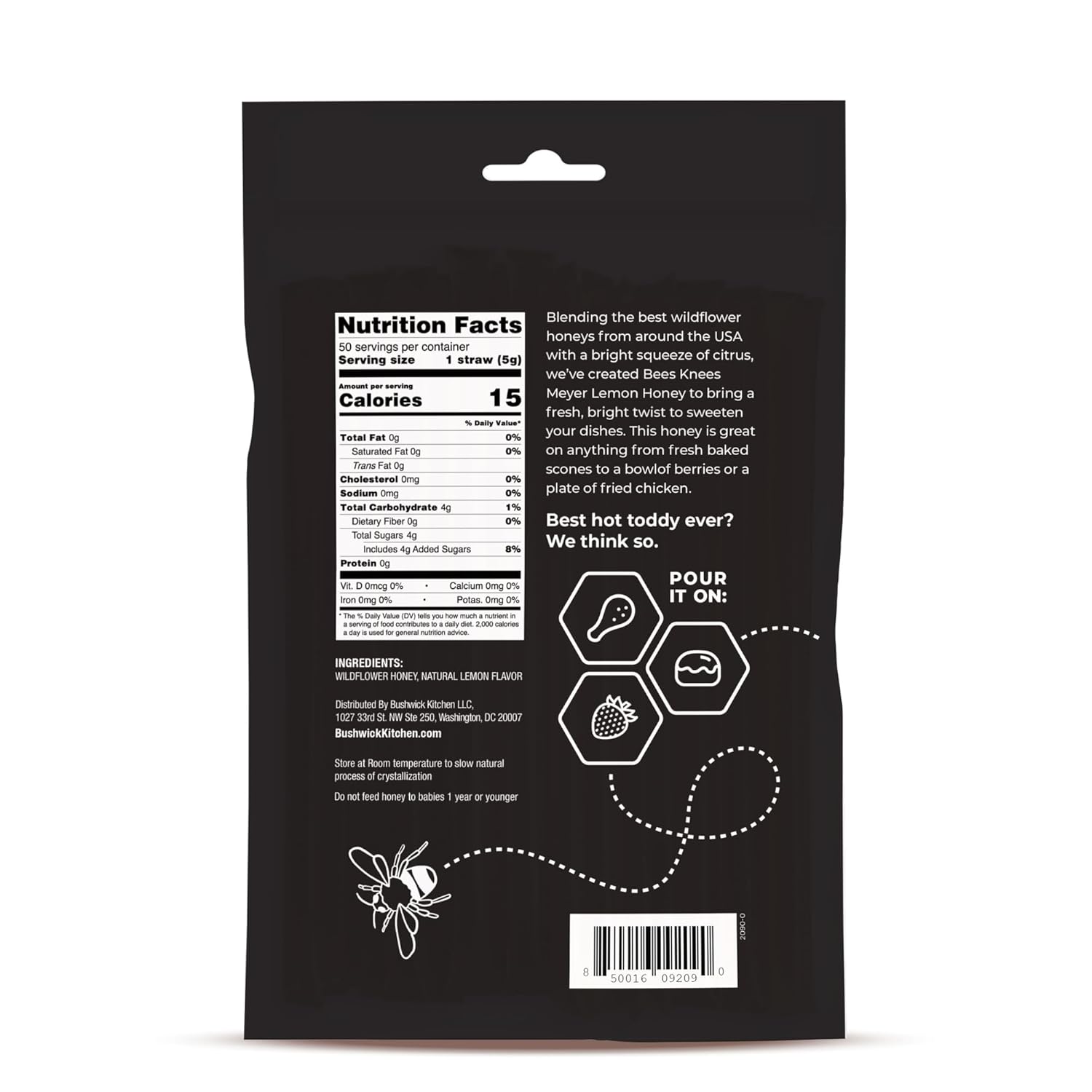 Bees Knees Meyer Lemon Raw Honey Sticks, 50 Count of Raw Honey Sticks for Tea, Made in the USA, Sweet with a Citrus Kick, Pure & All Natural, Unfiltered & Gluten Free, 50 Straws