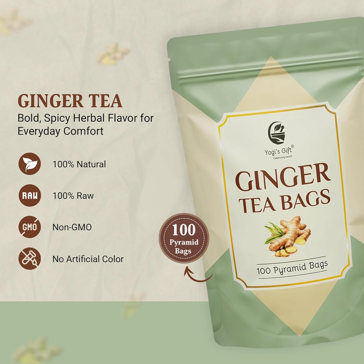 Ginger Tea Bags – 100 Count Pyramid Tea Bags – 100% Pure dried ginger root tea – Bold & Spicy Herbal Flavor Ginger Tea – By Yogi’s Gift®