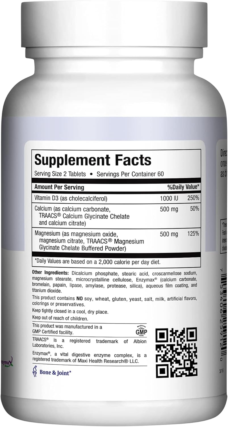 500 mg Calcium Supplement with Vitamin D3 (1000 IU) and Magnesium (500 mg) - Bone, Teeth and Joint Support for Men and Women - 120 Tablets - One to One Cal-Max by Maxi Health