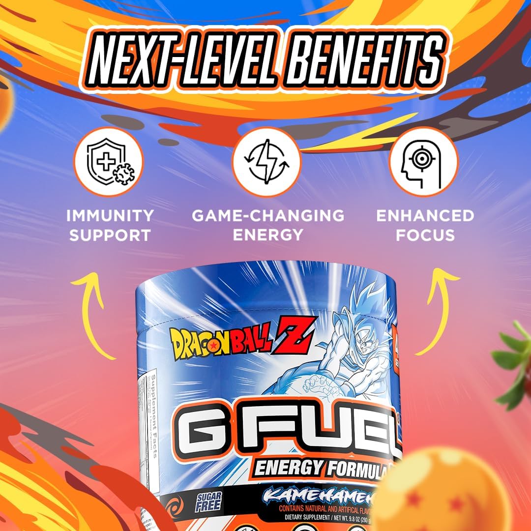 G Fuel Dragon Ball Z Energy Drink Powder, Pre Workout Caffeine Mix for Gaming, Sugar Free Focus Amino, Vitamin + Antioxidants, 9.8oz (Strawberry Lychee, 40 Servings)