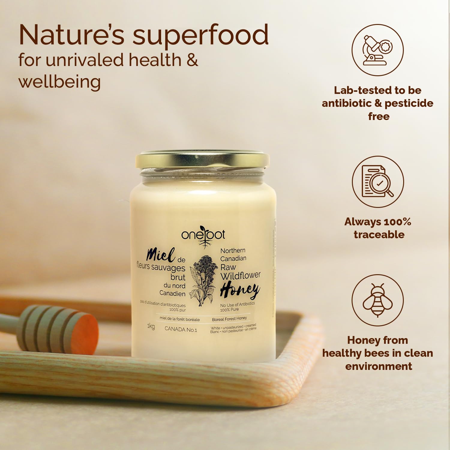 Oneroot 100% Canadian Wildflower Honey - 1kg / 2.2lbs, Unheated & Creamed - Nutrient-Rich, Natural Sweetener with Enzymes - Thick & Pure Raw Unfiltered Honey