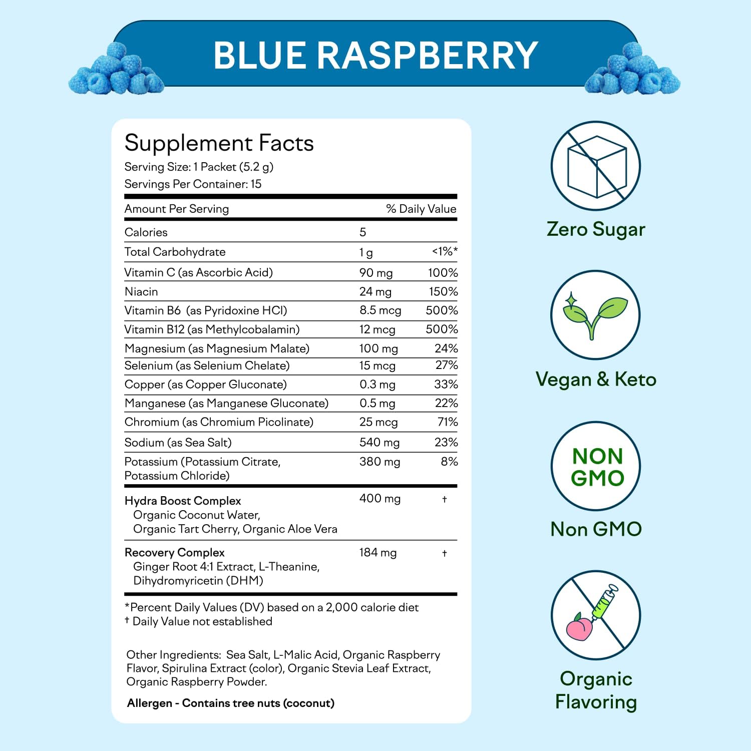 Feel Goods Hydration Hero, 1,000mg Electrolytes Powder, Sugar Free, Magnesium, Organic Aloe Vera, L Theanine, Vitamin C & B12, Keto, Vegan, Electrolyte Packets, Blue Raspberry, 15 Count