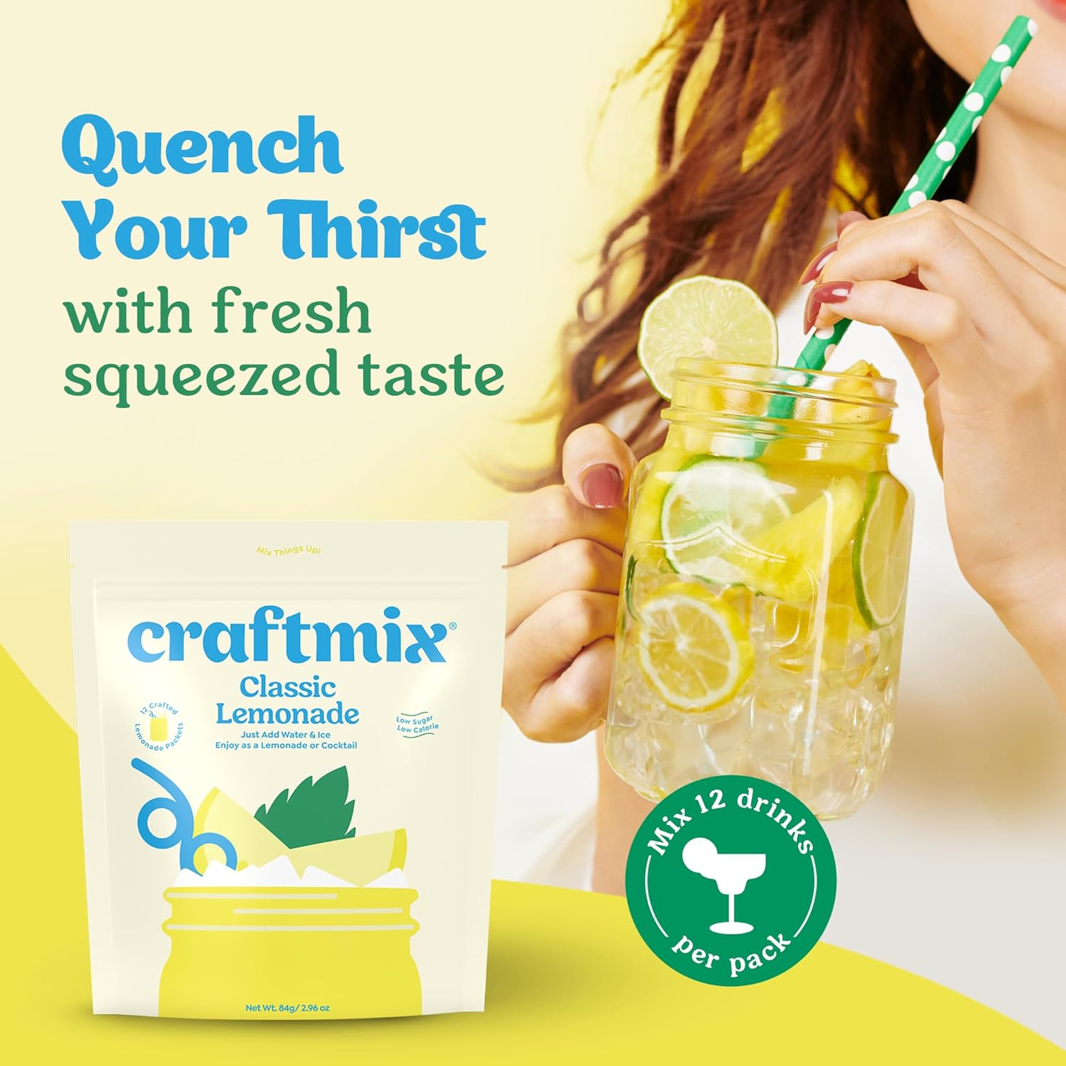Craftmix Classic Lemonade Mix, 12 Packets, Easy Powder Drink with Real Fruit, Low-Sugar, Vegan, Low-Carb, Non-GMO, Dairy-Free, Gluten-Free, Flavored Water Enhancer, On-the-Go Water Flavoring Packets