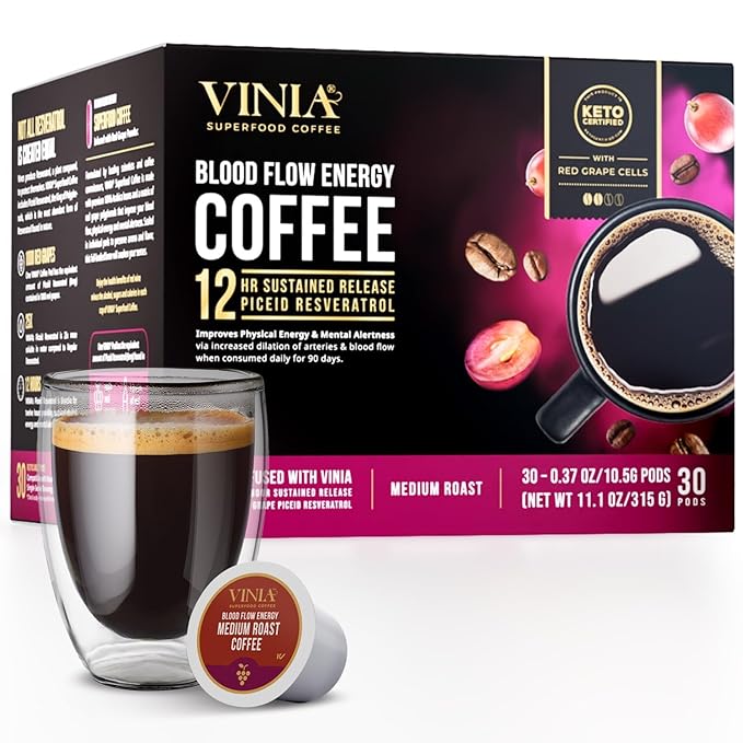 VINIA Medium Dark Roast with Red Grape Piceid Resveratrol, Nitric Oxide for Heart Health, Alertness, Physical Energy & Blood Flow Circulation. 30ct K-Cup Pods