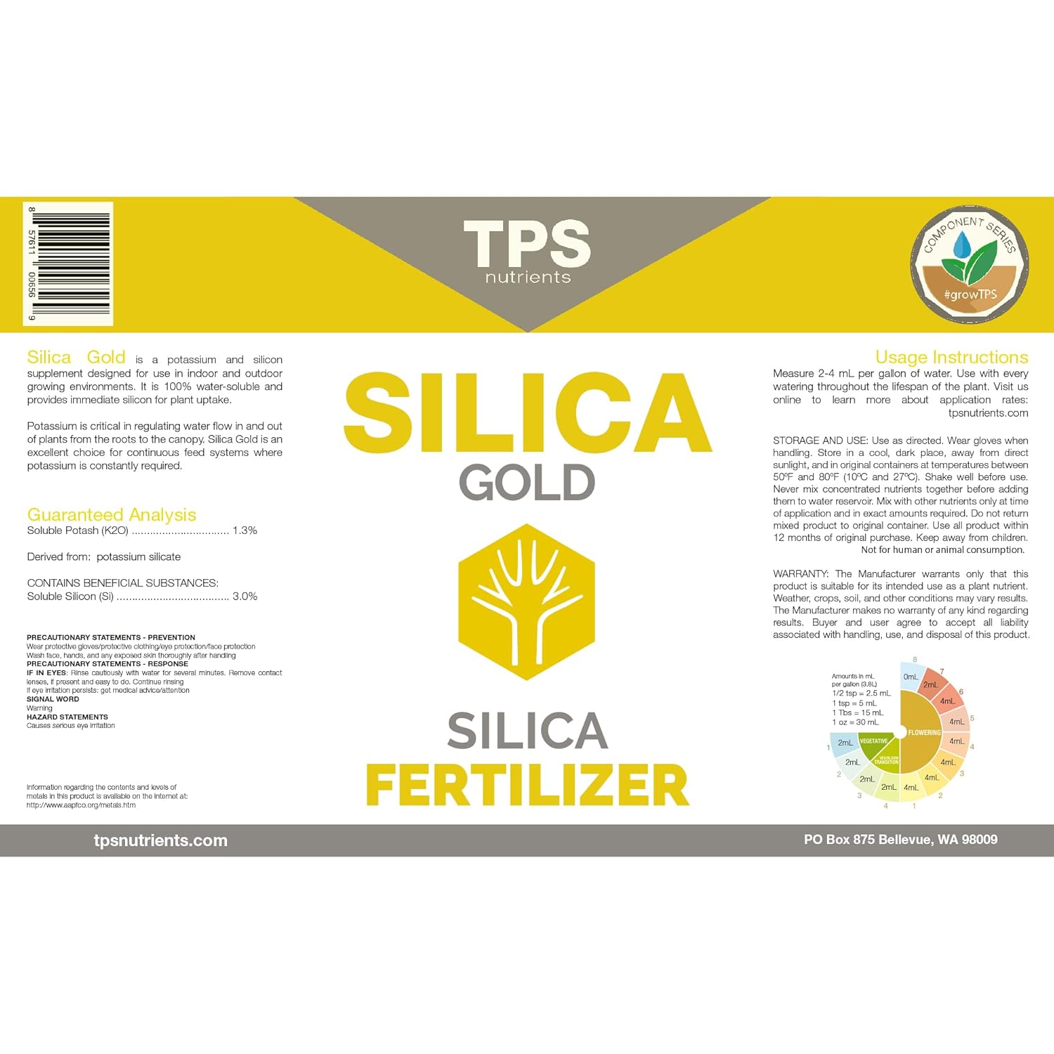 TPS NUTRIENTS Silica Gold Plant Strength Nutrient and Supplement with Bioavailable Silicon, 1 Gallon (128 oz)