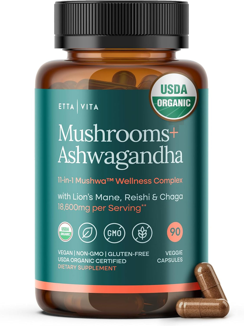 USDA Organic Lions Mane Supplement Capsules with Ashwagandha, Chaga, Reishi, Cordyceps, Turkey Tail (18,600mg/serv) 10x Adaptogenic Mushroom Complex as Focus Supplement - Energy, Immunity & Nootropic