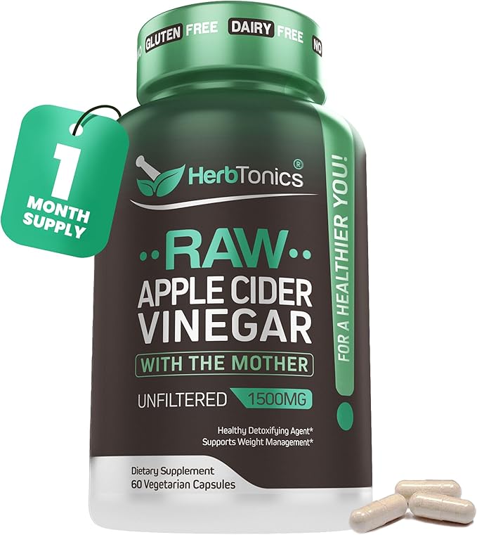 Herbtonics Raw Apple Cider Vinegar Capsules 1500mg with Mother | Weight Management, Detox & Digestion Formula with GLP-1 Support | Unfiltered ACV for Metabolic Support | 60 Vegan Capsules
