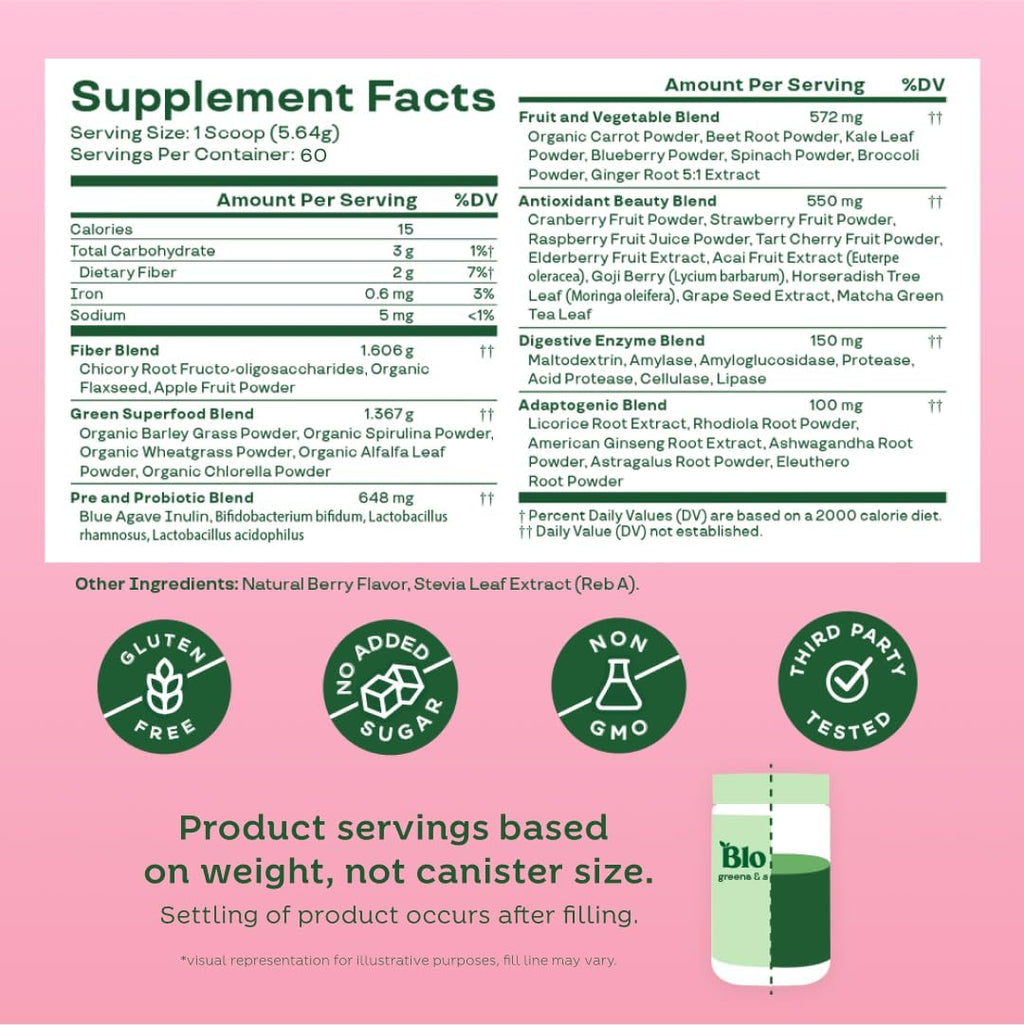 Bloom Nutrition Superfood Greens Powder, Digestive Enzymes with Probiotics and Prebiotics, Gut Health, Bloating Relief for Women, Chlorella, Green Juice Mix with Beet Root Powder, 60 SVG, Berry