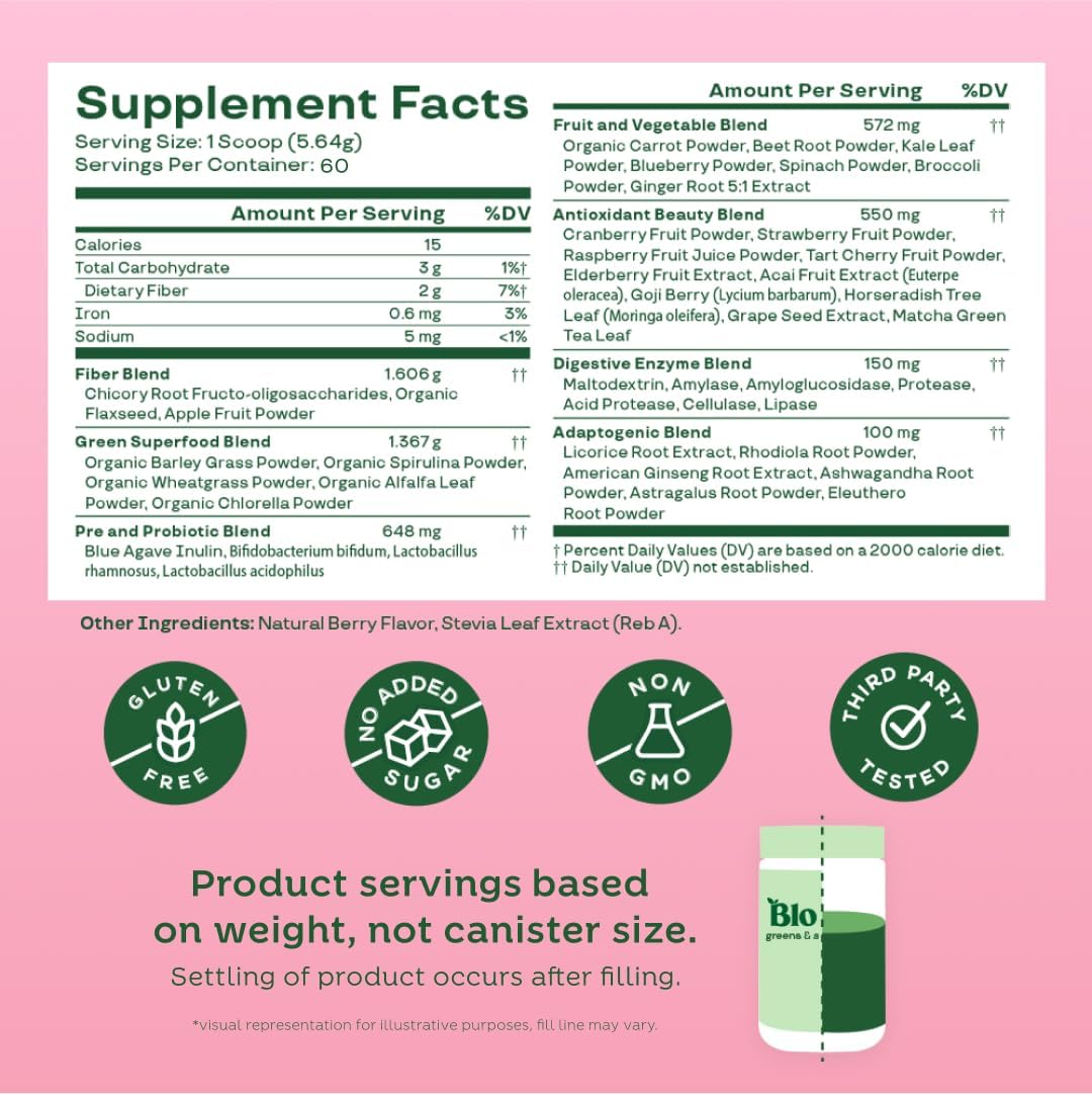 Bloom Nutrition Superfood Greens Powder, Digestive Enzymes with Probiotics and Prebiotics, Gut Health, Bloating Relief for Women, Chlorella, Green Juice Mix with Beet Root Powder, 60 SVG, Berry