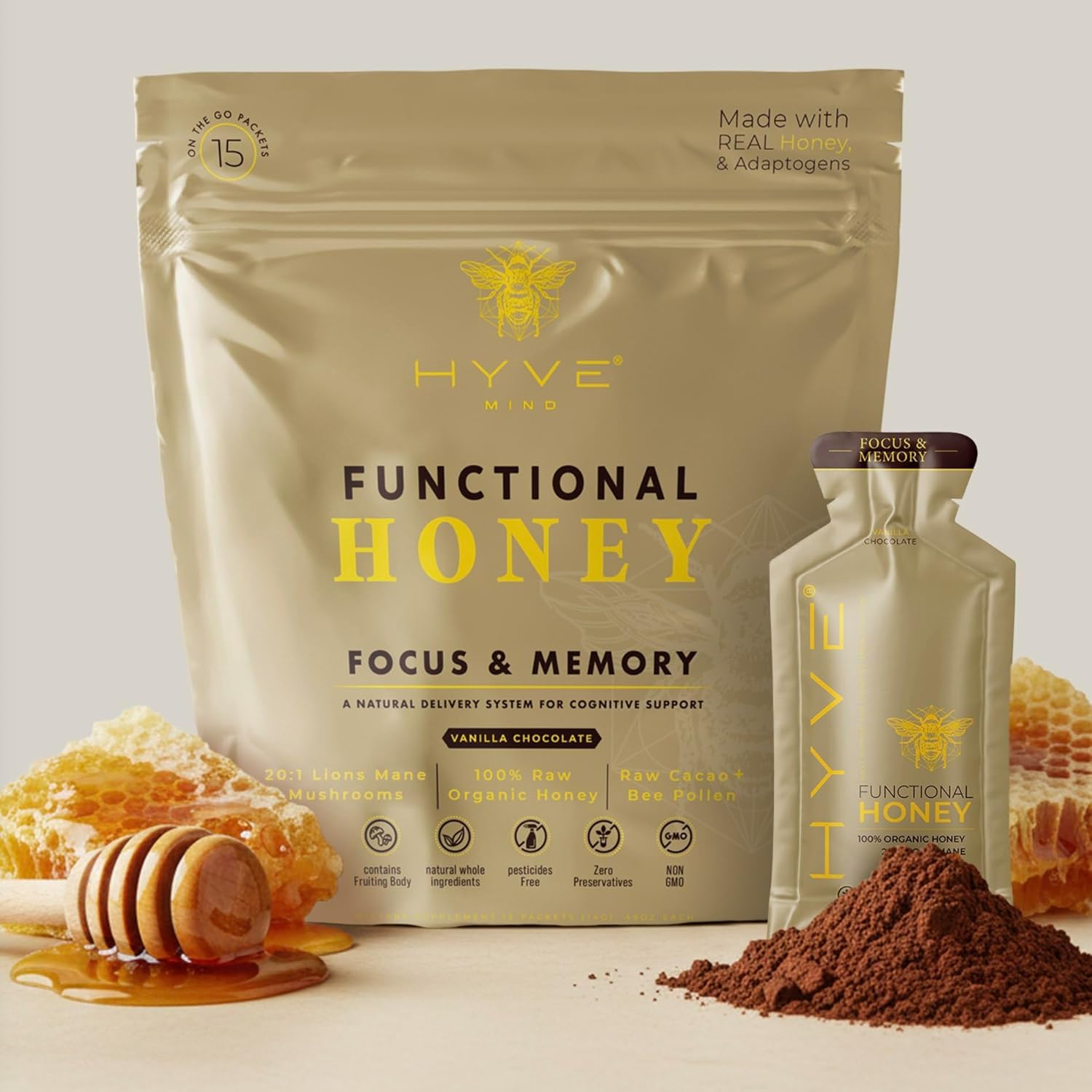 HYVE Mind Functional Organic Honey – Focus & Memory Honey with Lion's Mane Mushrooms, Raw Cacao, Bee Pollen & L-Theanine – Cognitive Support, 15 Packets