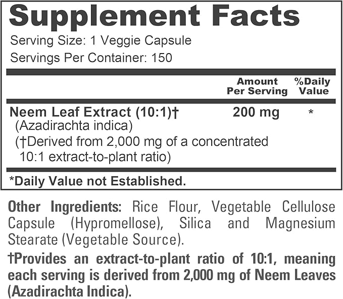 NusaPure Neem Leaf Root 10:1 Extract, 200 mg Equivalent to 2,000 mg 150 Veggie Capsules|Herbal Supplement|Non-GMO, Vegan