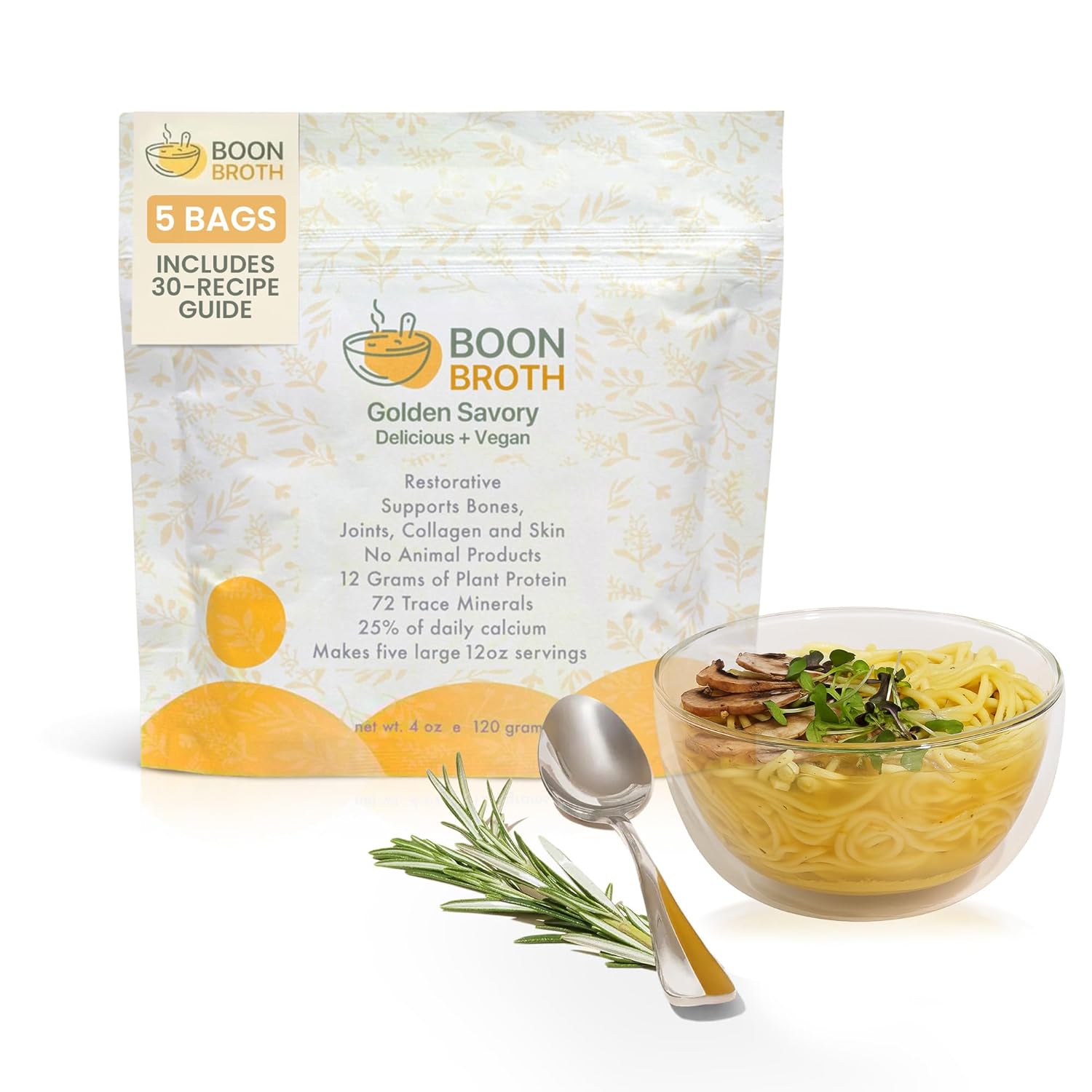 Boon Broth - 14-Day Gut Reset Kit with 30 Recipe Guide - Plant-Based Soup Powder with 72 Trace Minerals - Supports Bones, Joints, & Skin - Vegan-Friendly, Quick & Easy - 5 Bags (4 oz Each)