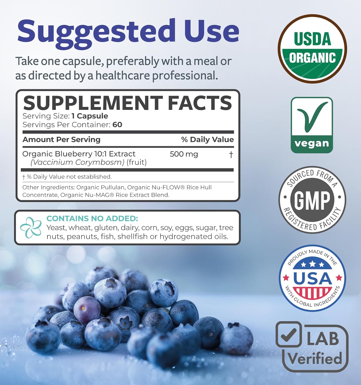 Certified Organic Blueberry Extract Capsules - High Potency 10:1 Blueberry Supplement with 5000mg Herbal Equivalent for Wellness Brain & Immune Support - Vegan Non-GMO & Lab Verified (2 Month Supply)