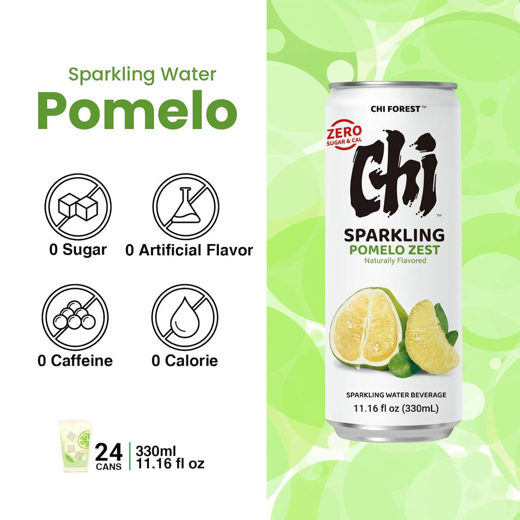 CHI FOREST Pomelo Sparkling Water Beverage, Zero Sugar Drinks, Zero Artificial Flavor, 11.16 fl oz Cans (Pack of 24)