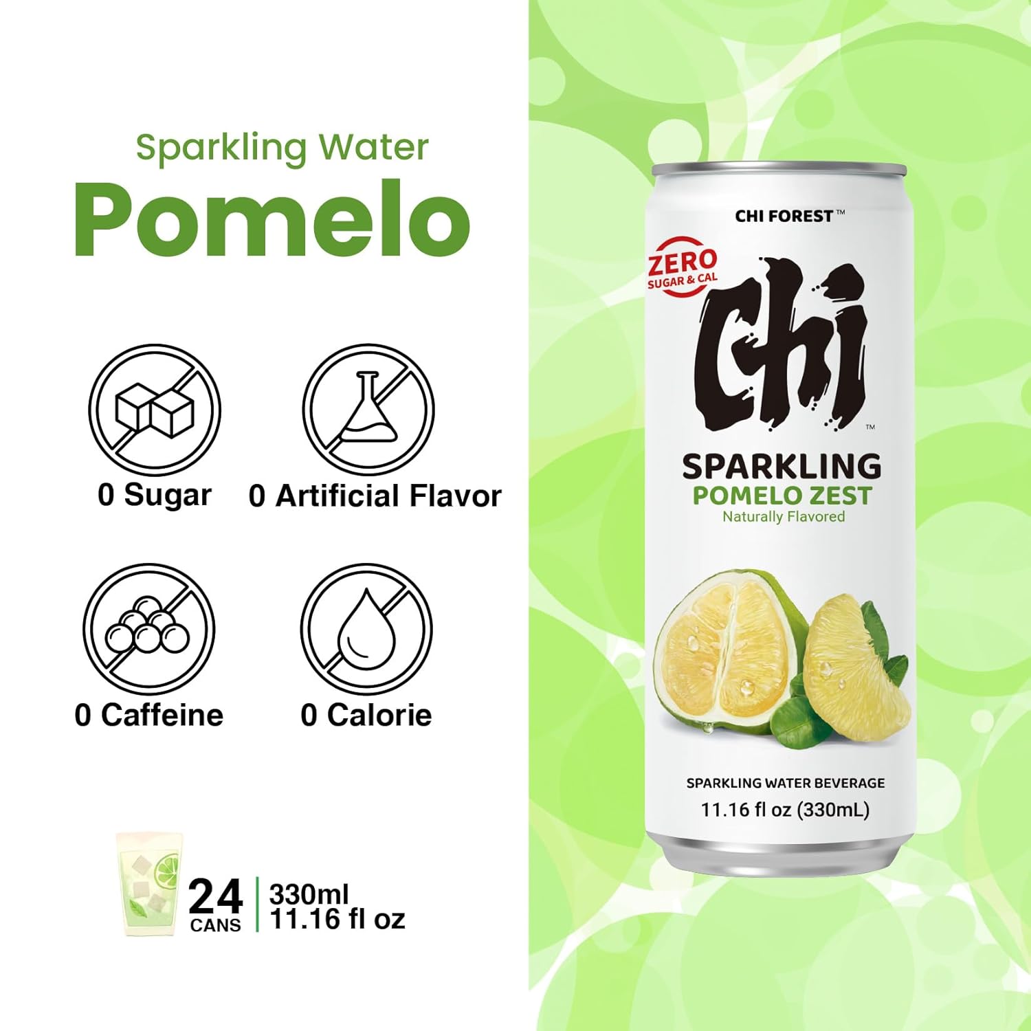 CHI FOREST Pomelo Sparkling Water Beverage, Zero Sugar Drinks, Zero Artificial Flavor, 11.16 fl oz Cans (Pack of 24)