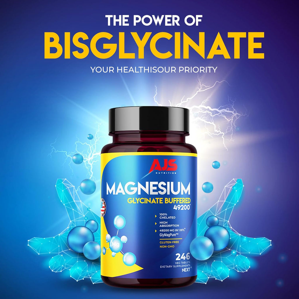 AJS Magnesium Glycinate 400mg, Magnesium Glycinate Capsules 246 Tablets, Gluten-Free, Non-GMO Supplements, Dietary Magnesium Supplement with Organic Coating, Supports Your Well-Being, 4 Months