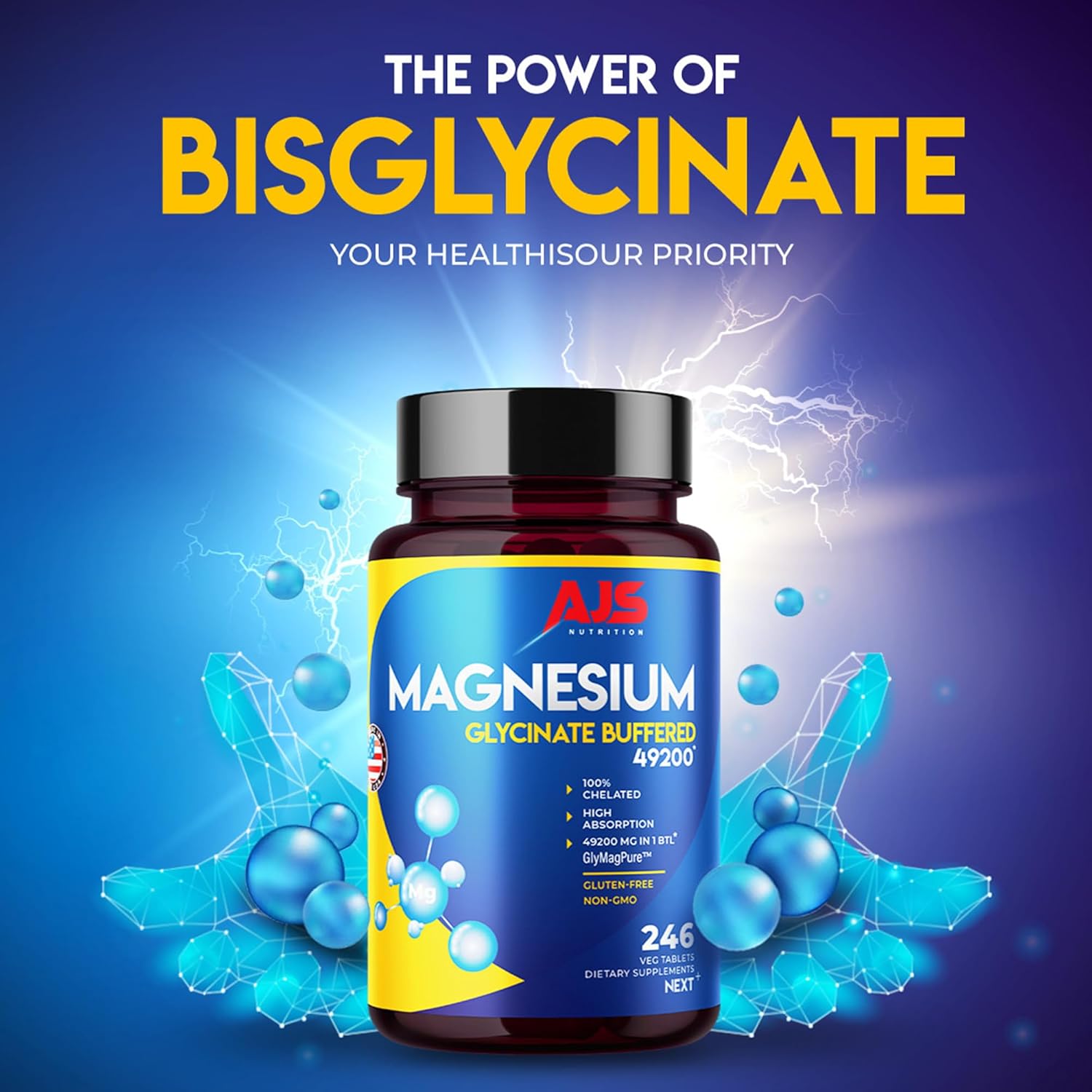 AJS Magnesium Glycinate 400mg, Magnesium Glycinate Capsules 246 Tablets, Gluten-Free, Non-GMO Supplements, Dietary Magnesium Supplement with Organic Coating, Supports Your Well-Being, 4 Months
