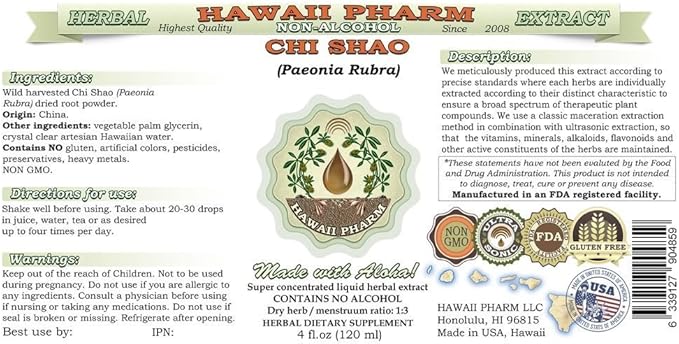 Chi Shao Alcohol-Free Liquid Extract, Chi Shao, Red Peony (Paeonia Rubra) Root Glycerite Hawaii Pharm Natural Herbal Supplement 64 oz