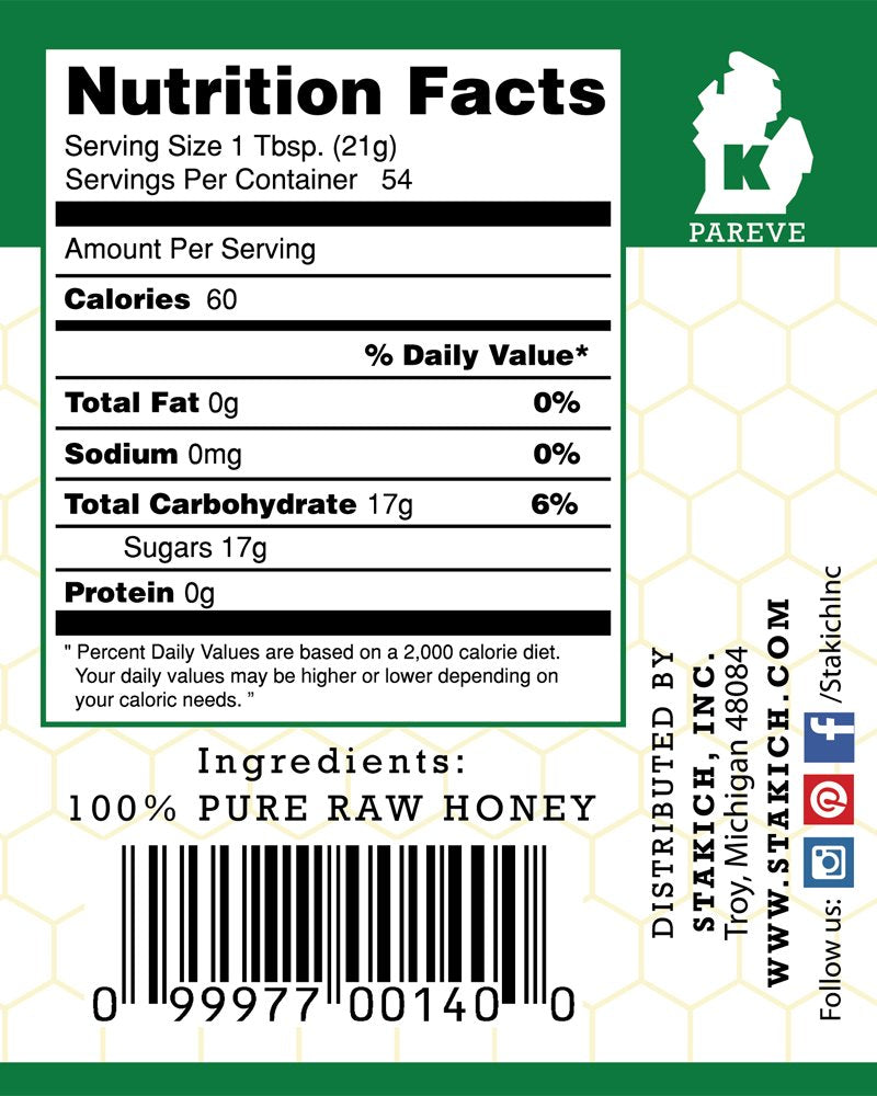 Stakich Raw Honey - Pure, Unprocessed, Unheated, Kosher - 40 Ounce